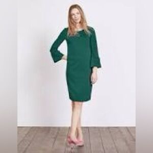 Boden emerald green Lavinia ponte knit bell sleeve shift dress, US 4 petite.